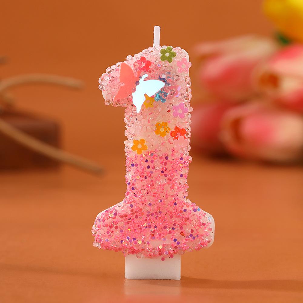 Romantische rosa Farbverlauf-Zahlenkerze mit Schmetterling und Blumen-Glitzer für Geburtstags-Kuchendekorationen