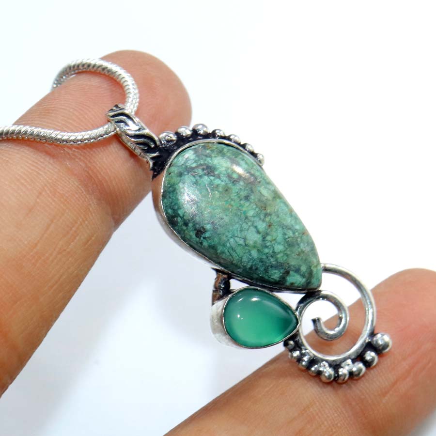 Decent African Turquoise Green Onyx 925 Silver Plated Necklace 18" Trendy c4A43
