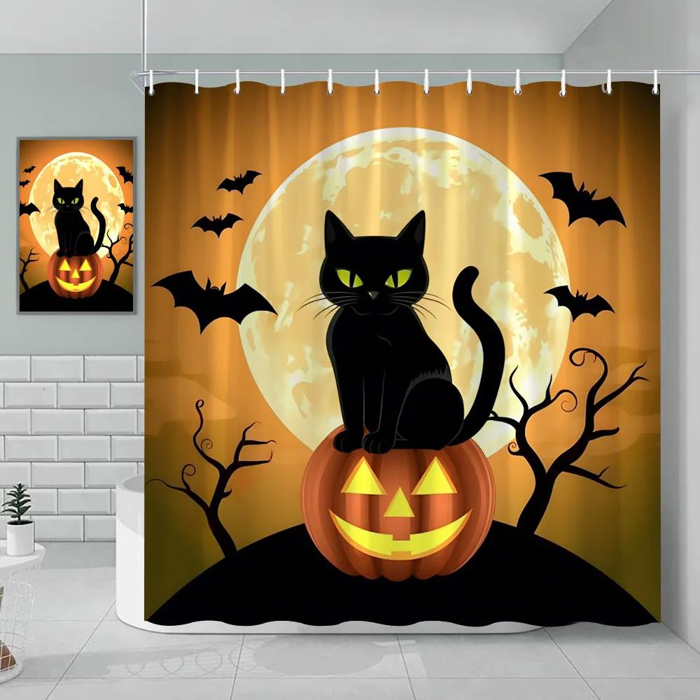 Unframed Halloween Shower Curtain Autumn Pumpkin Farm Cars Maple Leaf Bat Castle Witch Ghost Skeleton Bathroom Decorative Shower