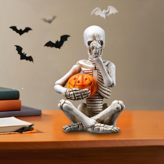 Halloween Holding Pumpkin Skeleton Figurine Creepy Sitting Skeleton Resin Statue Sculpture Holiday Party Decoration Ornament