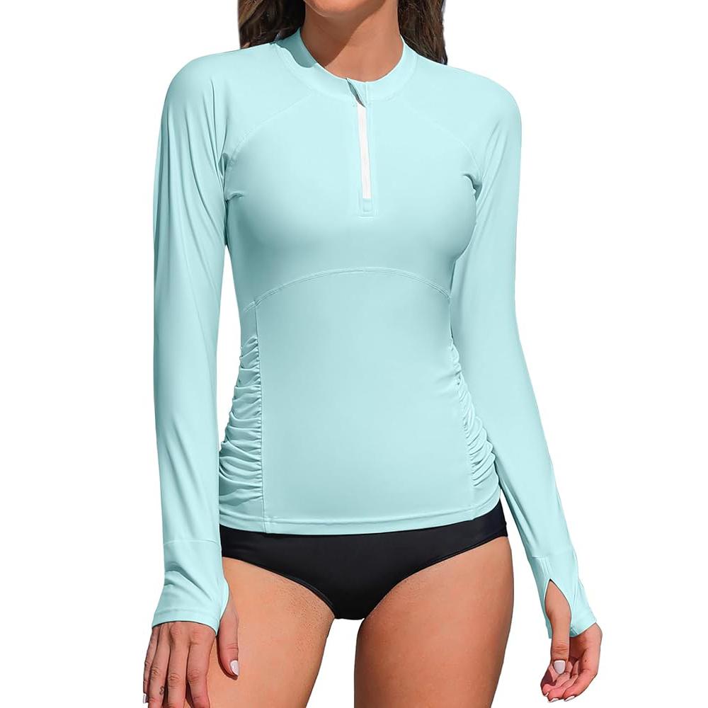 

Charmleaks Женские купальники Rash Guard с длинным рукавом UV UPF 50+ Молния Плавки Быстросохнущие Солнцезащитные Рубашки S цвет морской волны