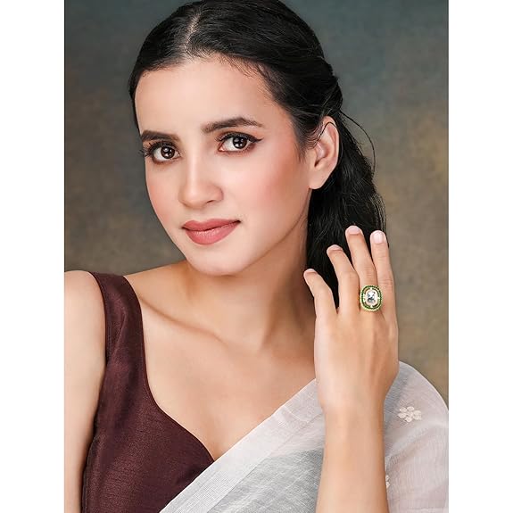 Gold Plated White Synthetic Stone & Green Beads Studded Adjustable Finger Ring Fashion Jewellery for Women
