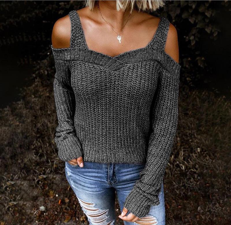 Autumn New Sexy Strap Off-Shoulder Sweater Solid Color Casual Long-Sleeved Sweater Woman Clothing