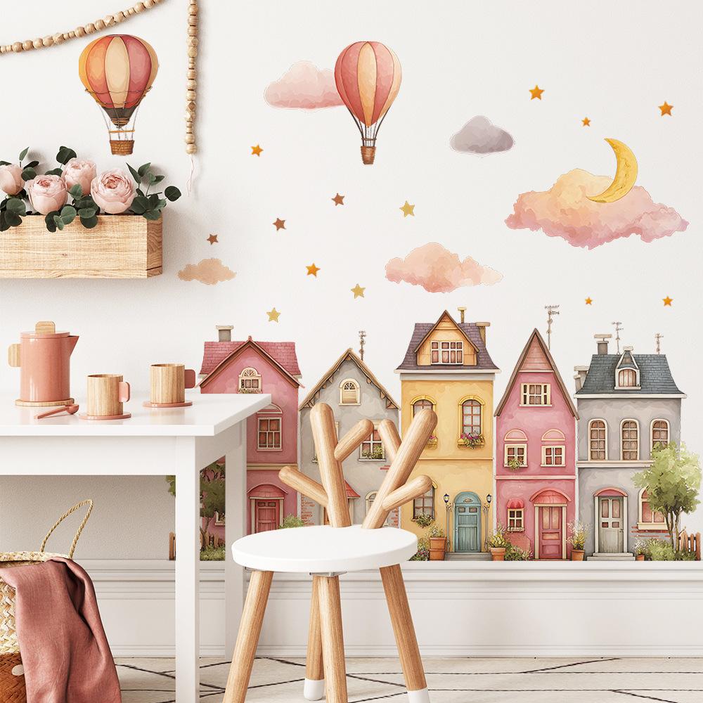 Malowane Miasto Bajkowe Balon na Gorące Powietrze Gwieździste Niebo Dekoracyjne Naklejki Ścienne do Sypialni