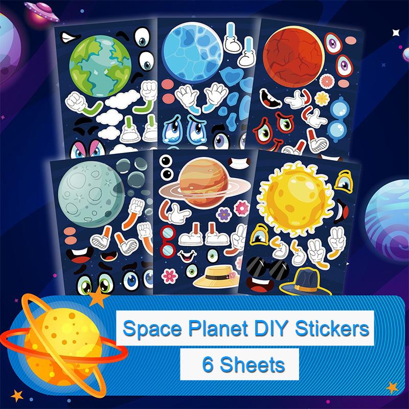 6 Sheetsset Space Planet Diy Stickers For Kids Funny Assemble Cartoon Puzzle Handicrafts Make A Face Sticker Decoration