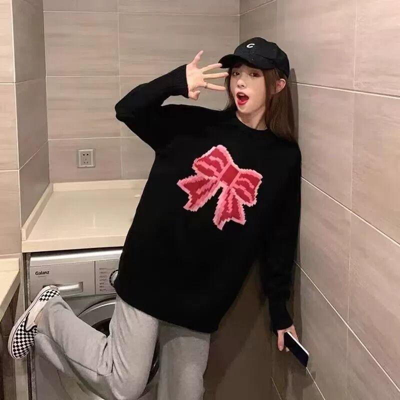 Černá mašle Pletený svetr Dámský Dámský Líný svetr Design Sladký podzim Volný svetr do O Neck Svetr Dámský Top