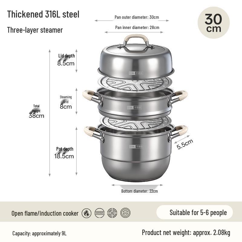 316L Stainless Steel Multi-Layer Steamer Pot for Steaming, Cooking, and Stewing – Induction and Gas Compatible.