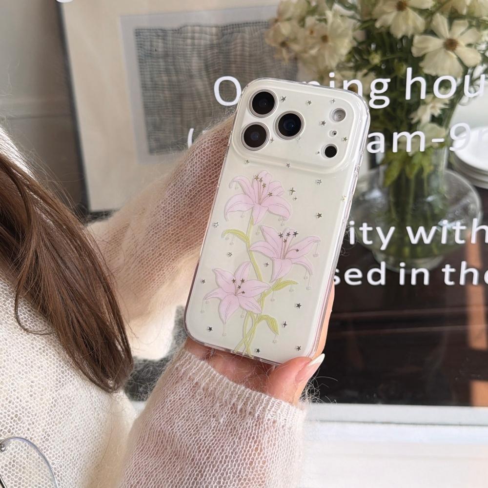 Korean Style Ins Cute Soft Crystal Lily Flower Phone Case for iPhone 17ProMax 15 16Pro 14 Full Coverage Double Layer High Value