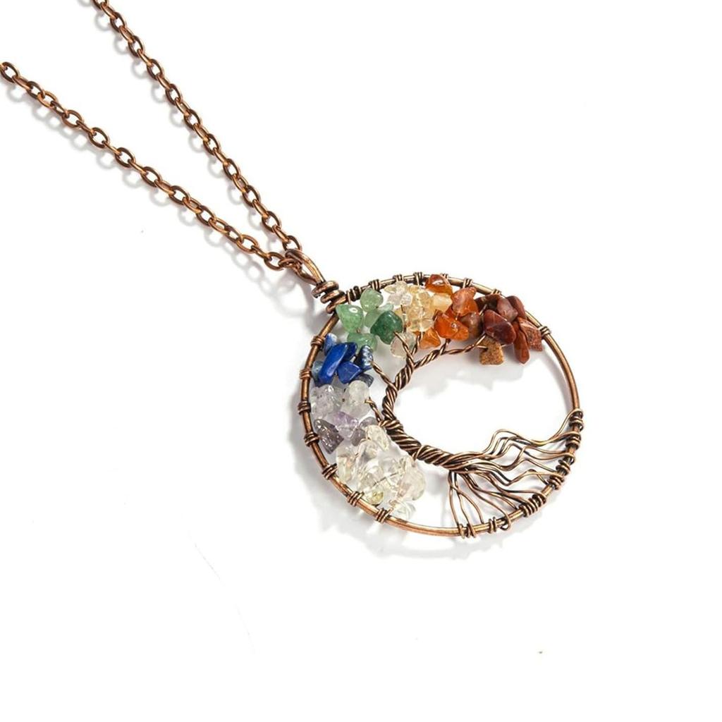 7-Color Natural Crystal Stone Tree of Life Pendant Necklace