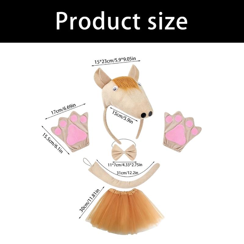 4/5Pcs Horse Costume Accessories 3D Horse Headband,Bowtie,Tutus Skirt Glove Tail Cosplay Halloween Costumes Adult Kid