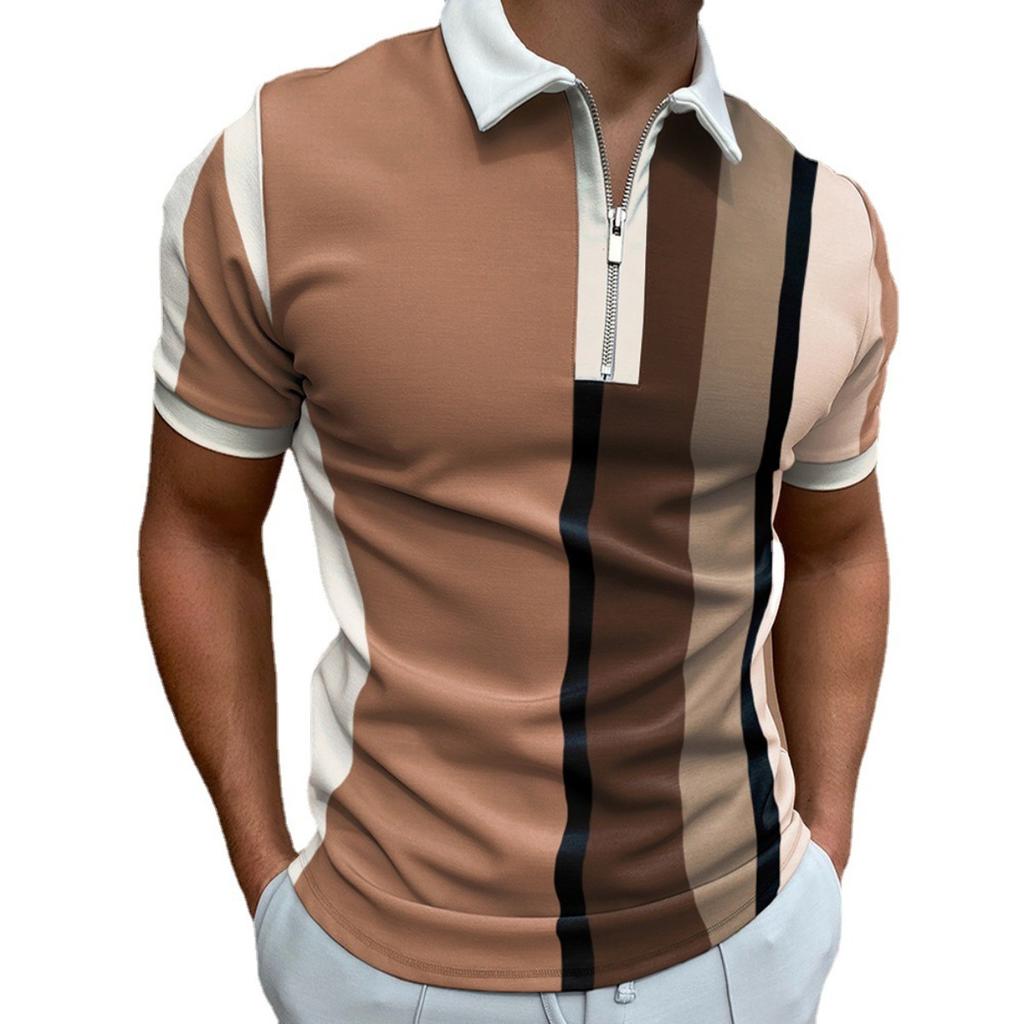 New Men's Printed Zip Polo Shirt, Casual Turn-down Collar Short Sleeve Pullover T-shirt, Summer Cross-border Casual Top