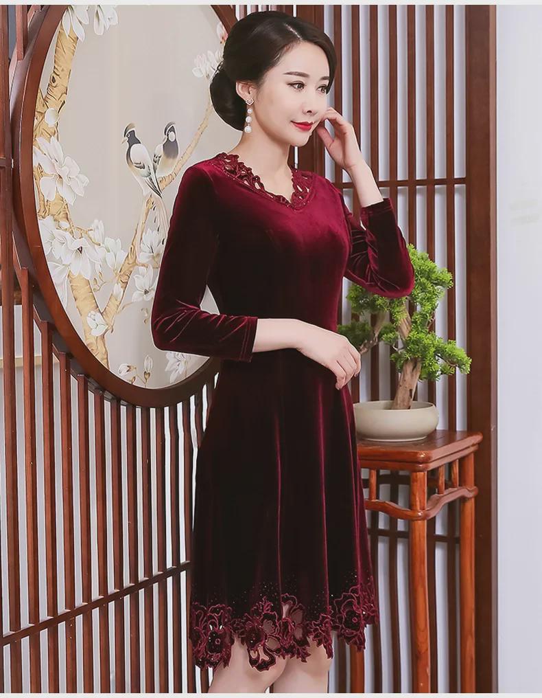 Plus Size European & American Celebrity Velvet Dress with Embroidery and Hollow Design