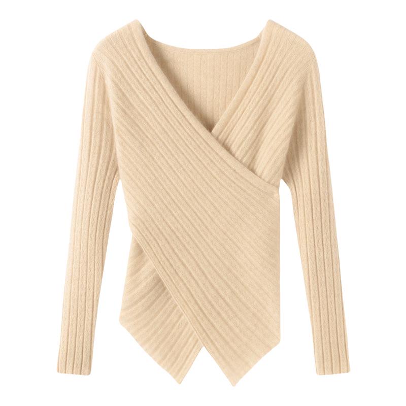 Lekasha Women's V-Neck Cross Knit Cashmere Sweater - Long Sleeve, Autumn/Winter Style