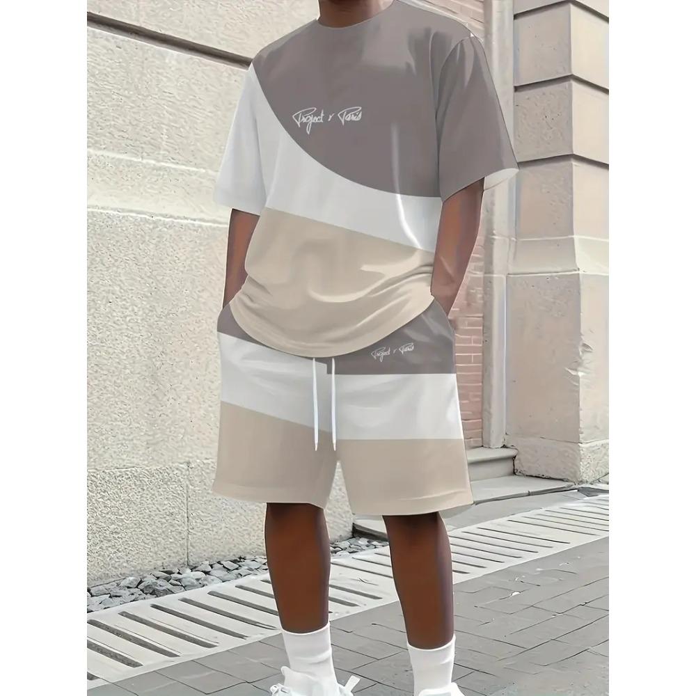 

Summer men s short sleeved shorts 2-piece set with plus size stitching color T-shirt shorts, clothing pocket elastic waist shorts 5XL