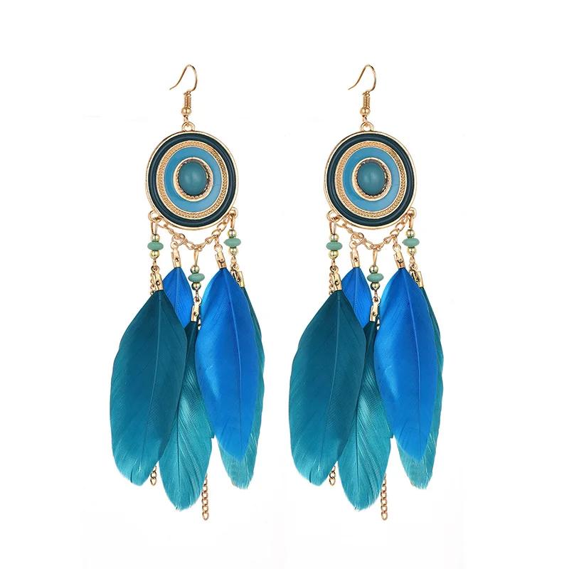 Boho Ethnic Feather Dangle Earrings For Women Classic Long Tassel Drop Ear Jewelry Ladies Beach Vacation Accessories