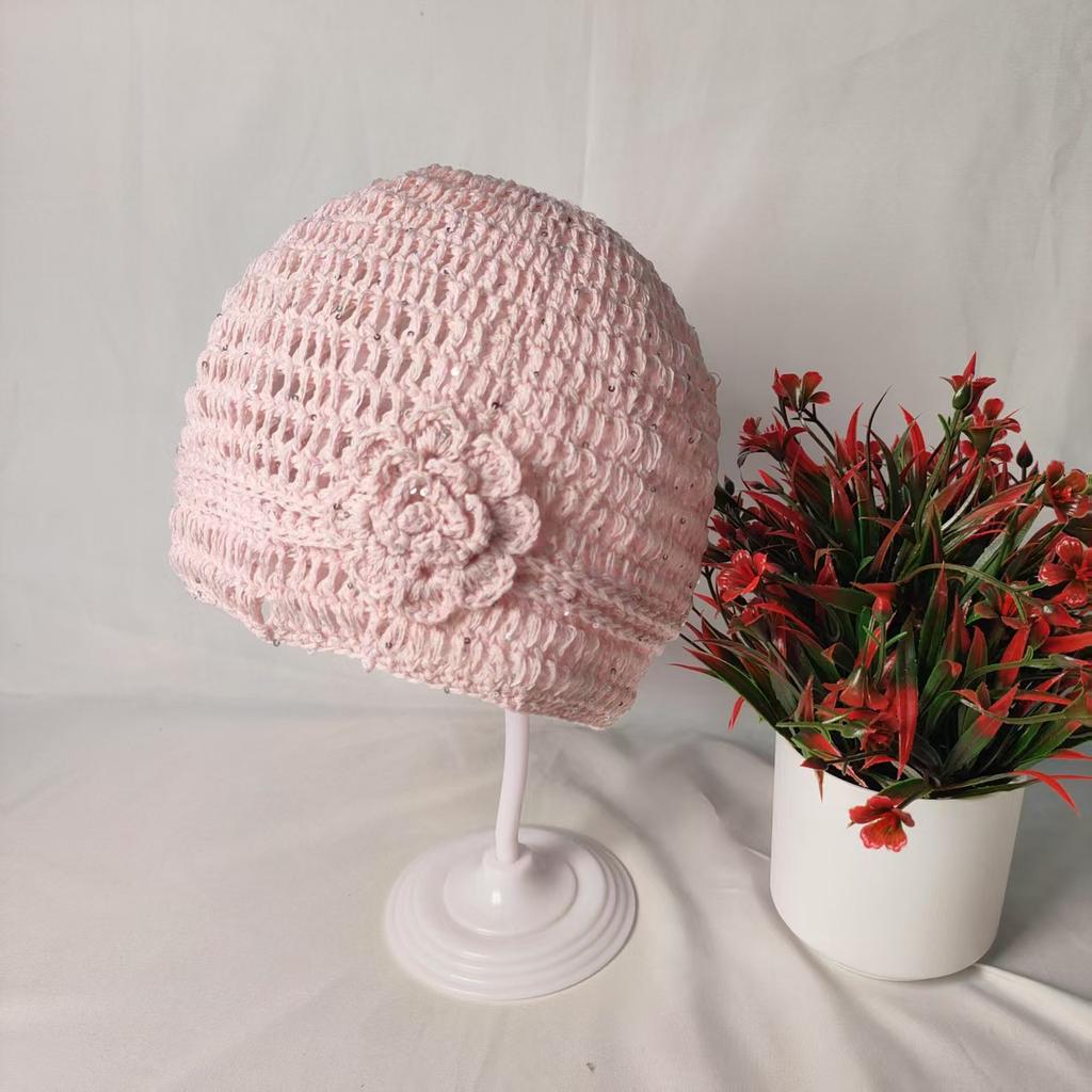 Hand-crocheted hollow flower pullover hat women's spring summer breathable thin elegant temperament versatile white bag head hat