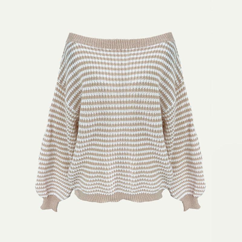 Fashion One-word Neck Striped Off-the-shoulder Knitted Women Sweater Autumn and Winter Pullover Loose Simple Office Sweaters Casual Long Sleeve Tops