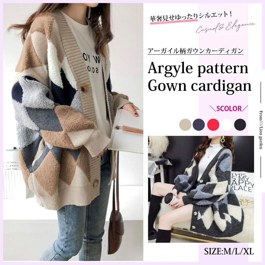 Lion Garden Argyle Long Sizes Women's Cardigan, Autumn/Winter Knit, V-Neck, Sleeves, Thick, Simple, Casual, M-XL (XL, Navy)