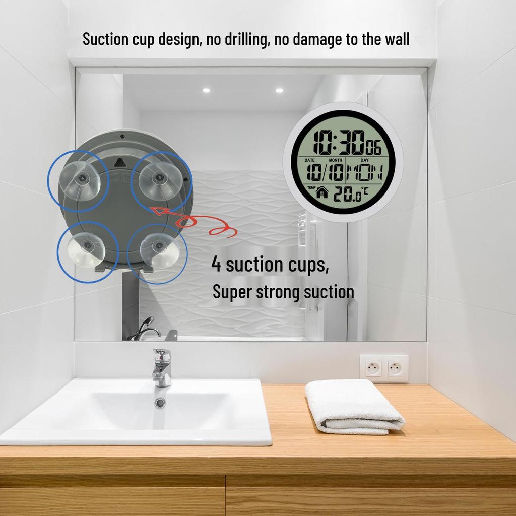 Punch-Free Self-Adhesive LCD Wall Clock: High-Definition Digital Display for Bathroom & Kitchen