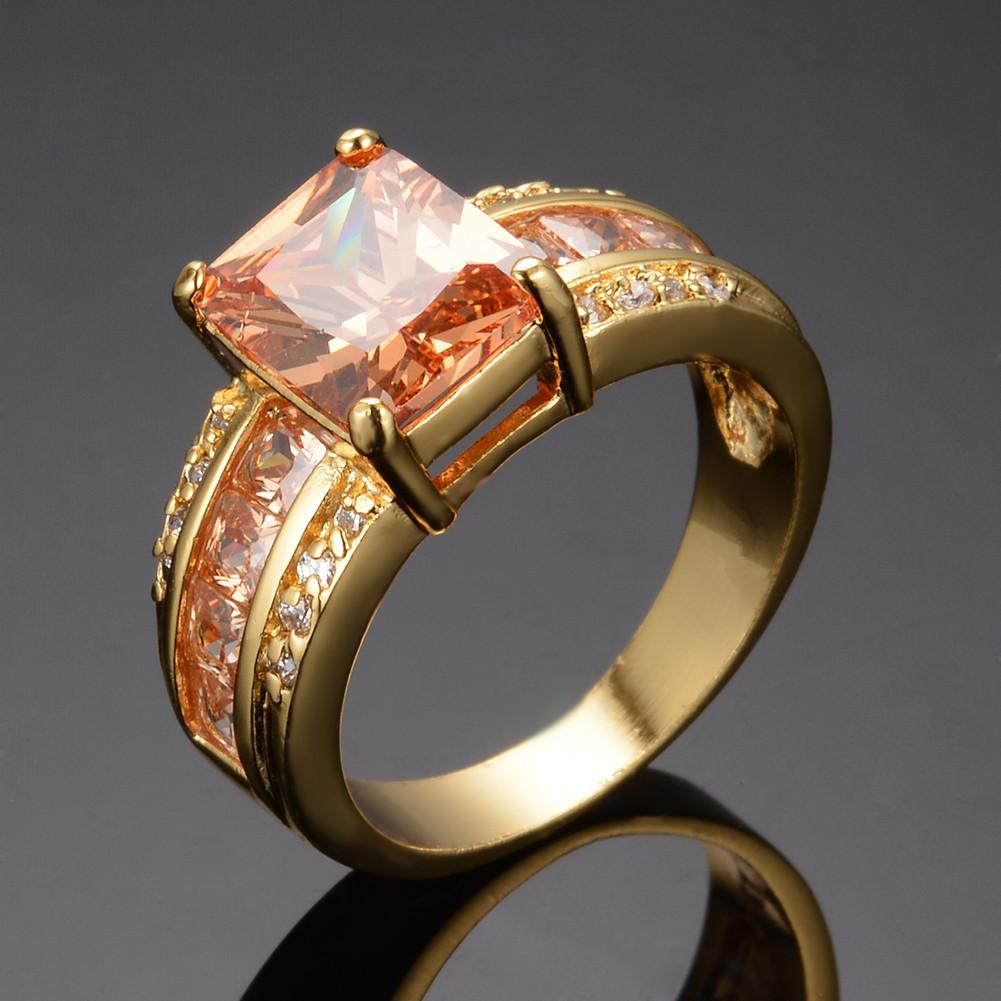 Fashion Exquisite Rectangle Cut Champagne Stone CZ Ring Yellow Gold Color Engagement Princess Love Ring Wedding Band Ring Valentine's Day Gift