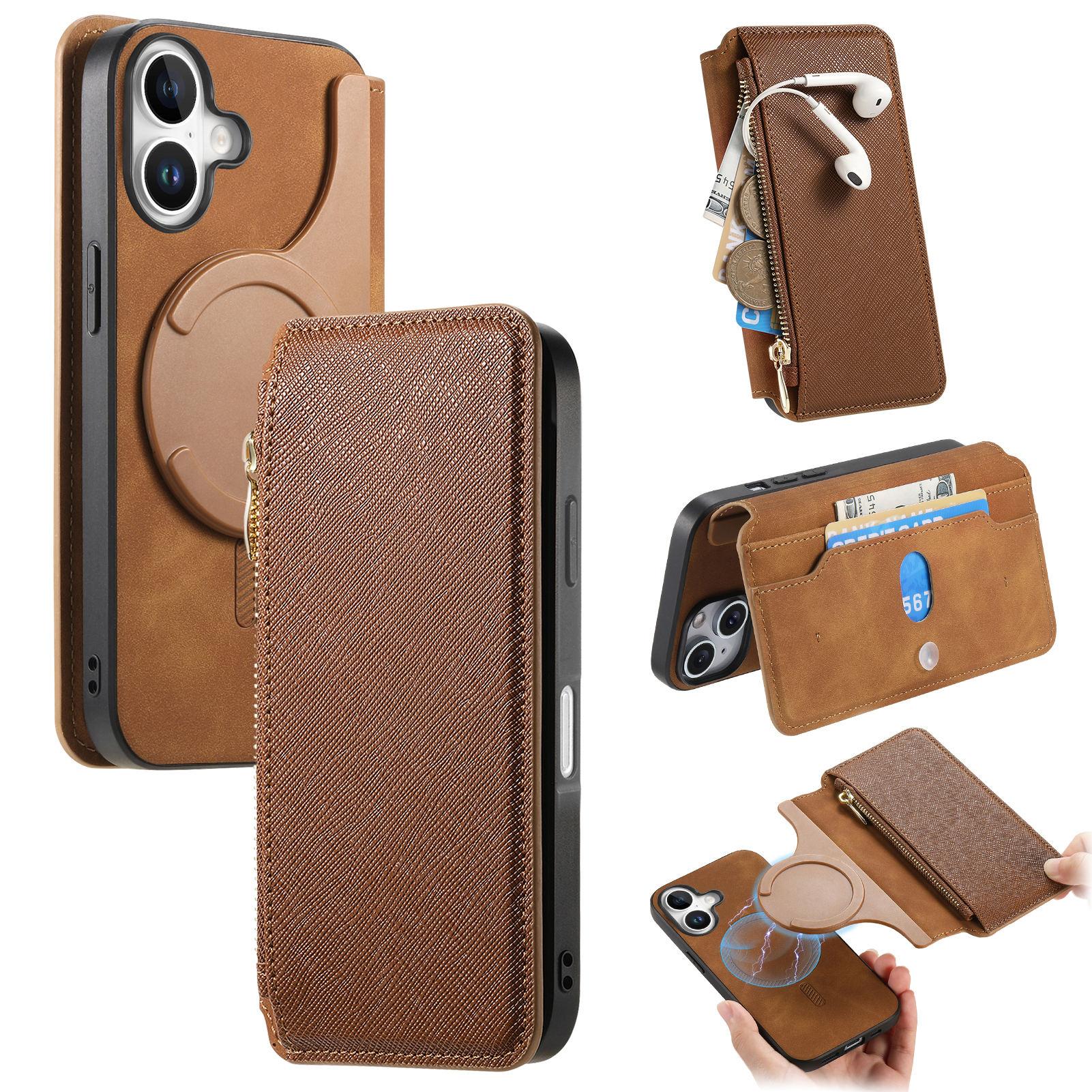 

CASENEO For iPhone 16 Plus Case Cross Texture Leather Detachable Magnetic Phone Cover Brown