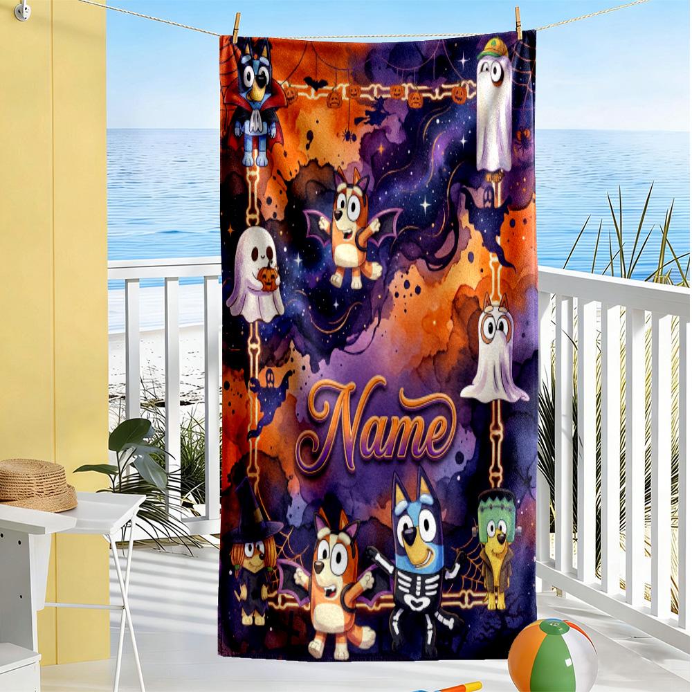 Halloween Bluey Party Personalized Name Beach Towel Quick-Dry Soft Microfiber