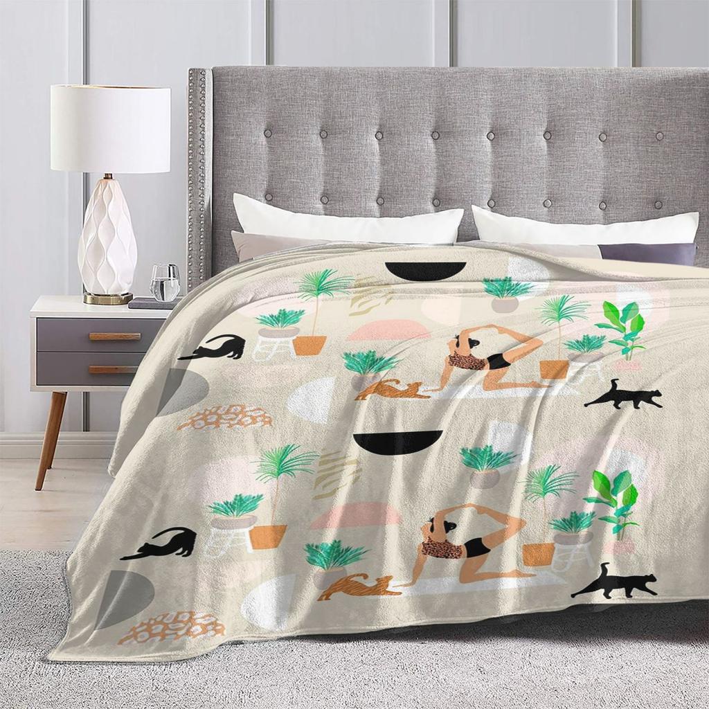 Mid Century Modern Yoga Pattern With Cats Blankets Soft Warm Flannel Throw Blanket Plush for Bed Living room Picnic Travel Home