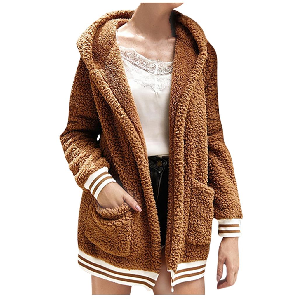 Women's  And Winter Loose Solid Color Stitching Long-Sleeved Pockets Plush Hooded Cardigan Coat