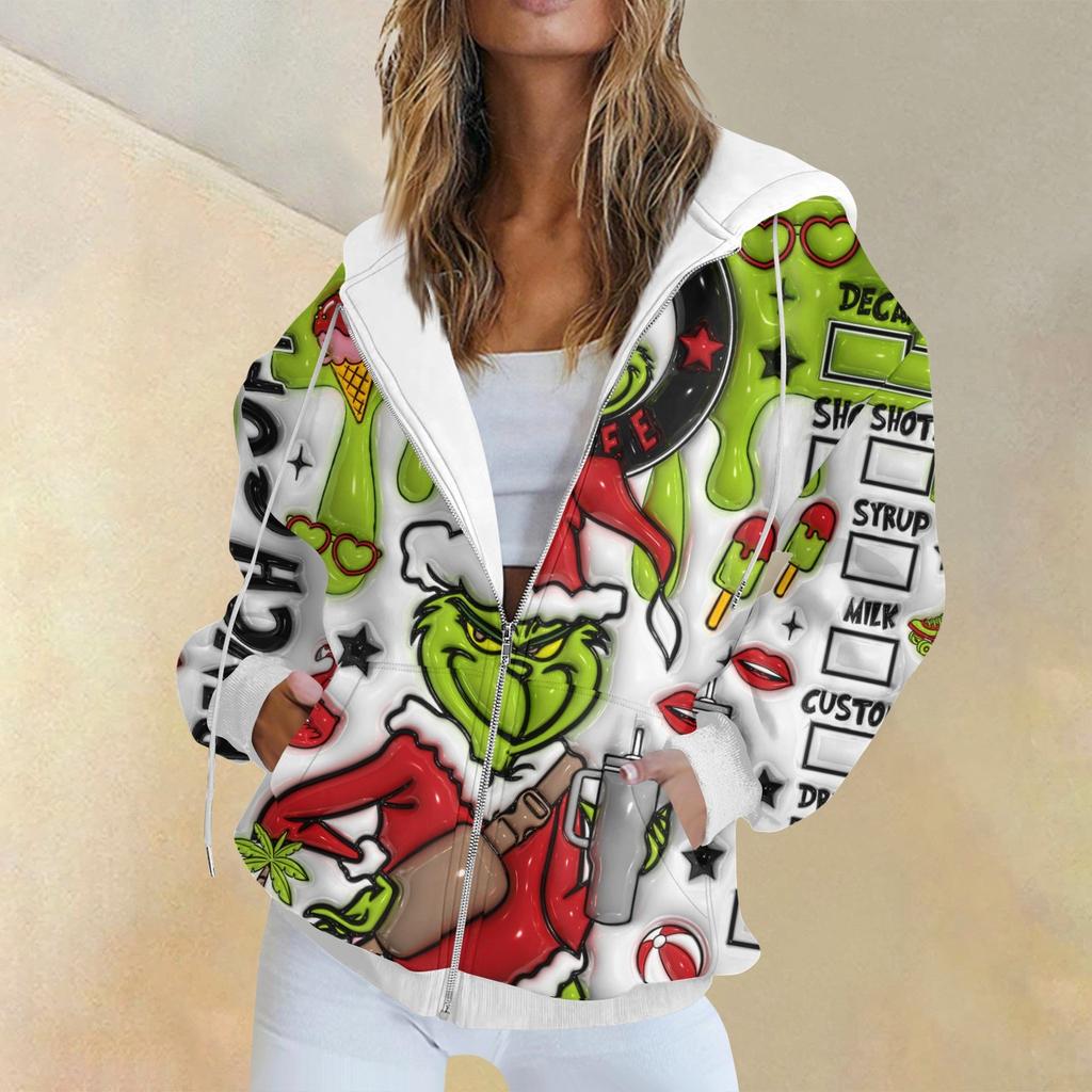 Women's Fashion Casual Christmas Print Long Sleeve Sweatshirt Pocket Jacket Zipper Hoodie Coat