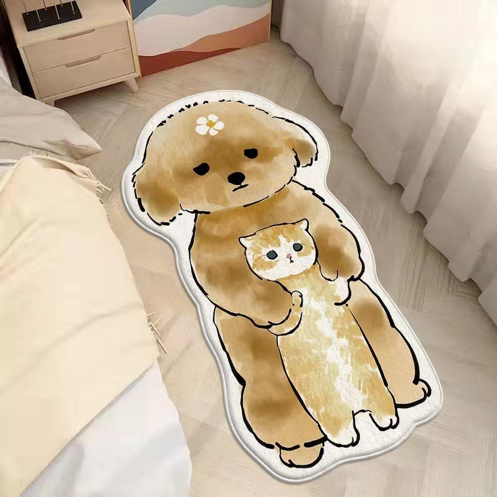 2pcs Cartoon Cute Cat Imitation Cashmere Bedroom Carpet Special-shaped Bedside Carpet Floor Mat