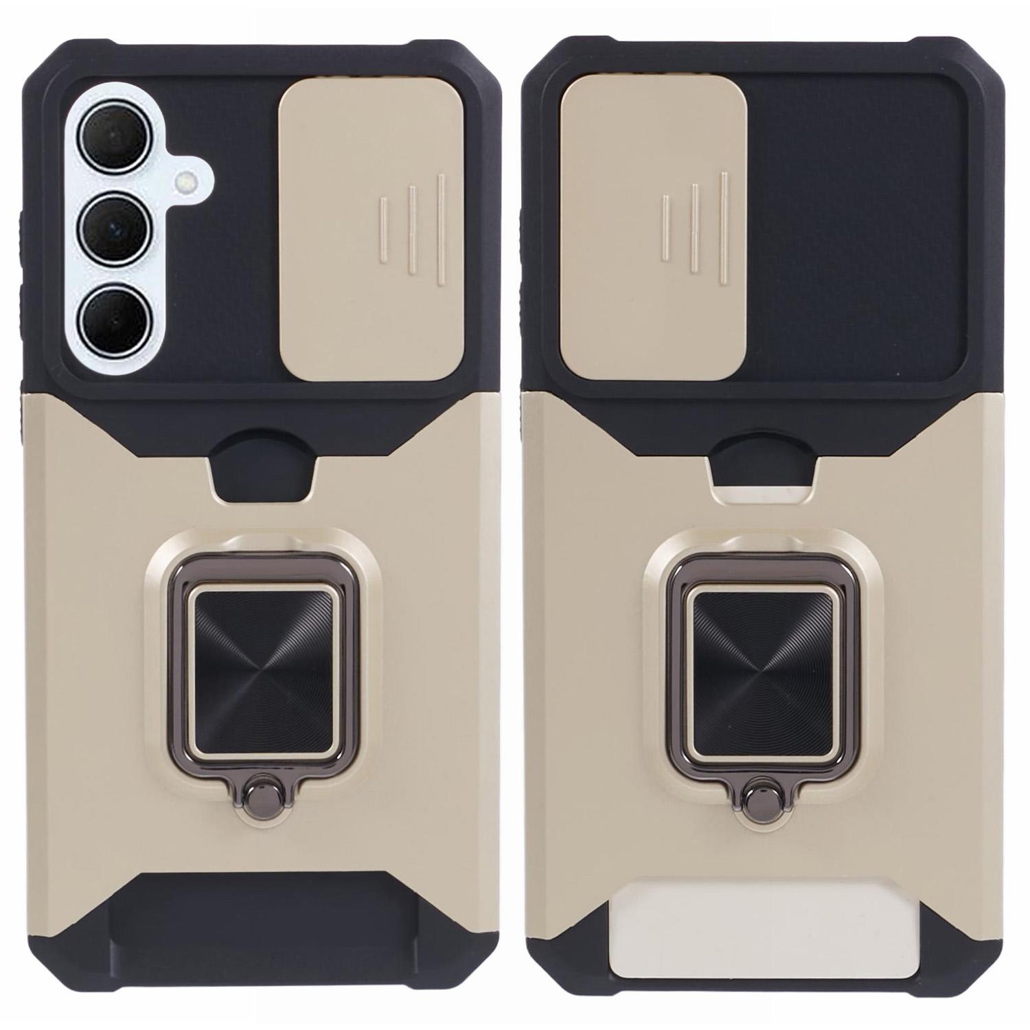 

For Samsung Galaxy A36 5G Kickstand Case Slide Lens Lid PC+TPU Phone Cover with Card Slot Gold