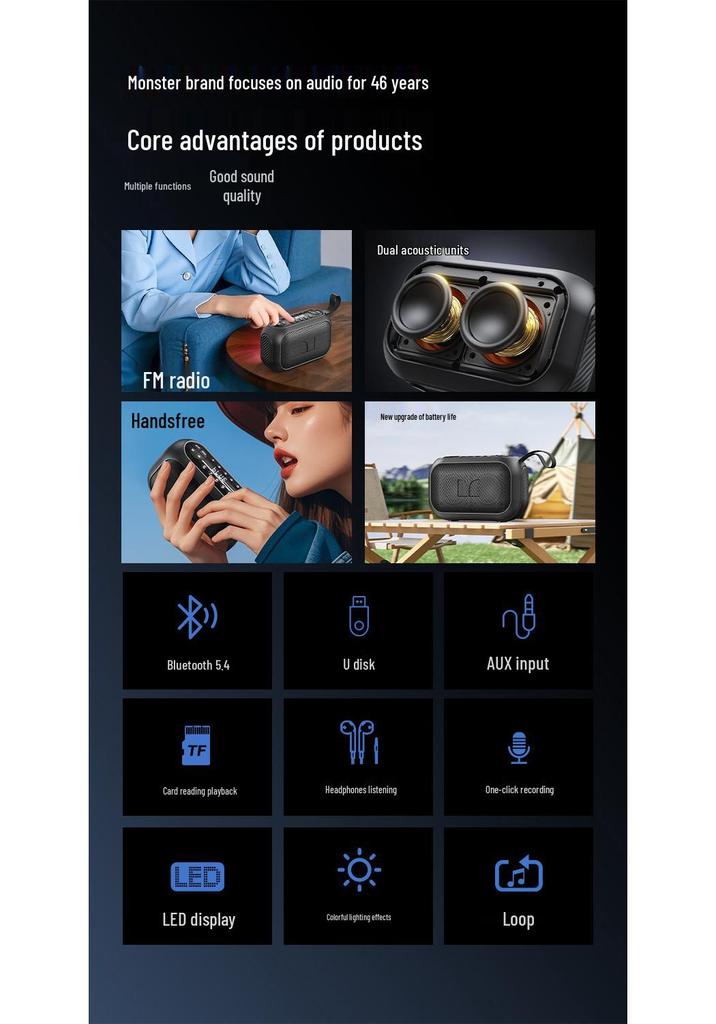 MS62110 Monster Bluetooth Outdoor Portable Speaker with Large Volume, High Sound Quality, Card Slot, USB Drive, and Subwoofer.