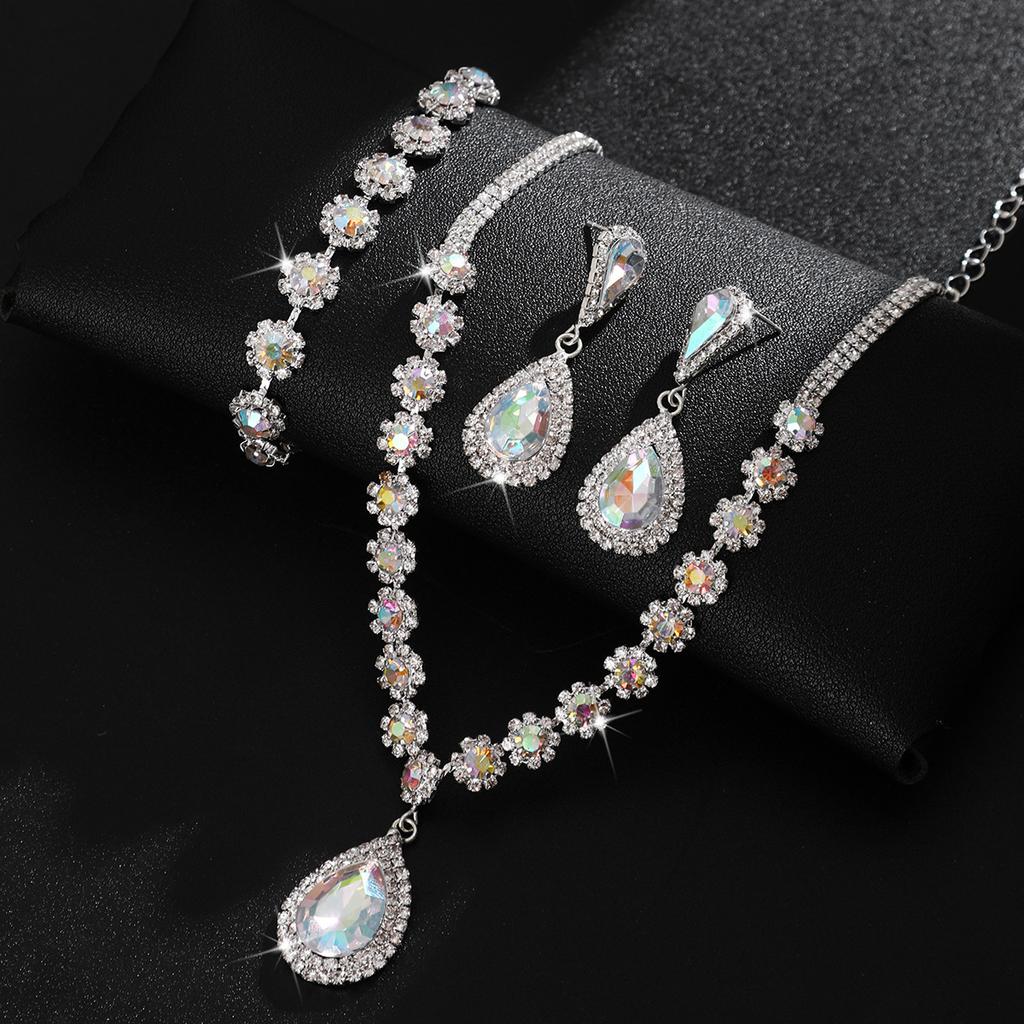 2026 Jewelry Necklace Earrings Bracelet Three-piece Full Diamond Flower Bridal Jewelry Set Dress Accessories
