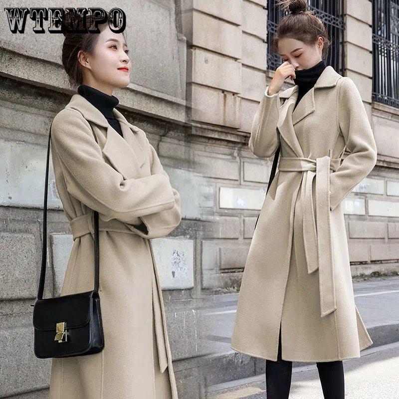 WTEMPO Elegantes Abrigos de Mujer con Cuello Solapa y Lazo de Cinturón Abrigo Vintage de Manga Larga Sólido de Lana Ropa Exterior Larga Casual Holgada
