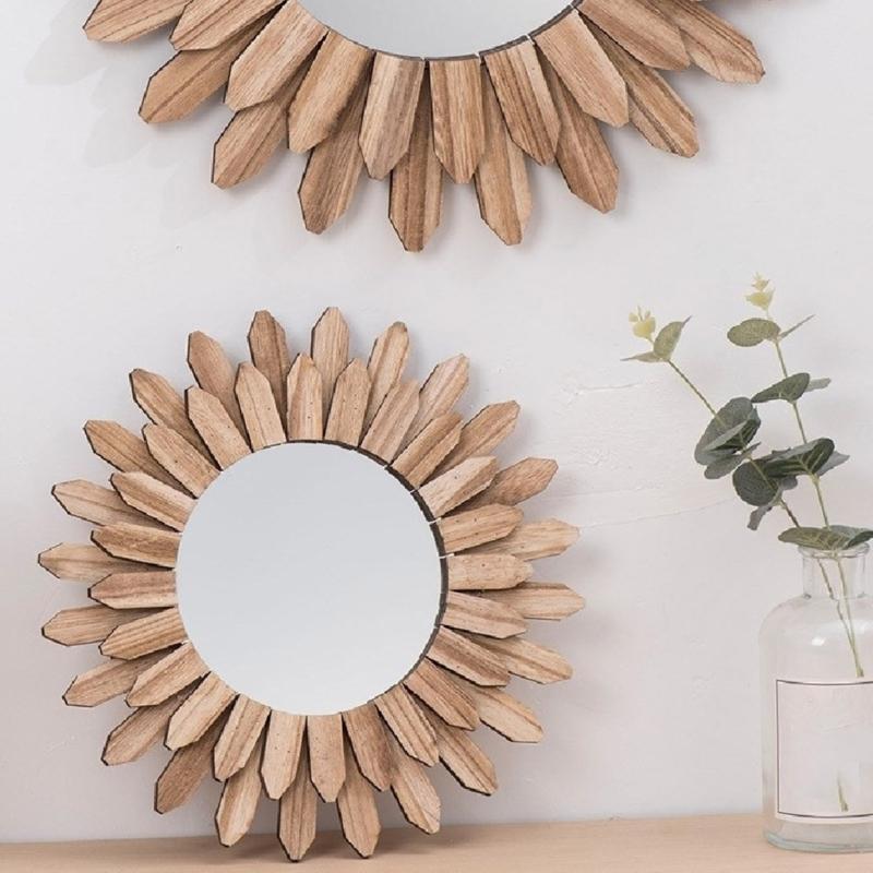 Sun Shape Wooden Round Makeup Mirrored Innovative Art Decors Bathroom Bohemian Wall Hangings Mirrored Living Room Decors