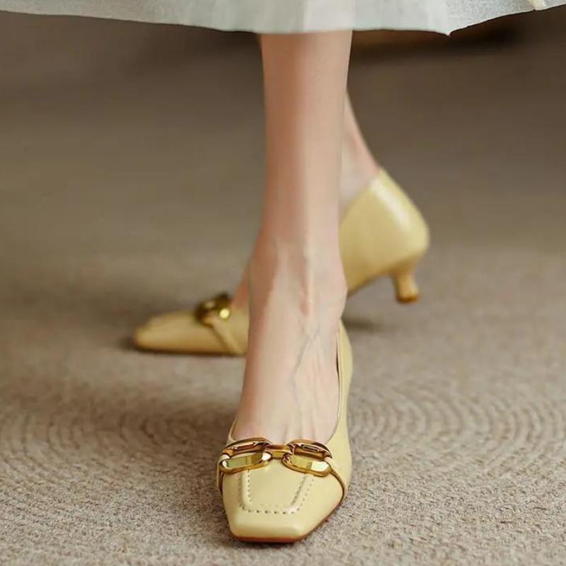 Low Heel Elegant Ladies Footwear Moccasins Metal Decoration Normal Leather Casual Office Beige Women's Shoes Square Toe On Offer