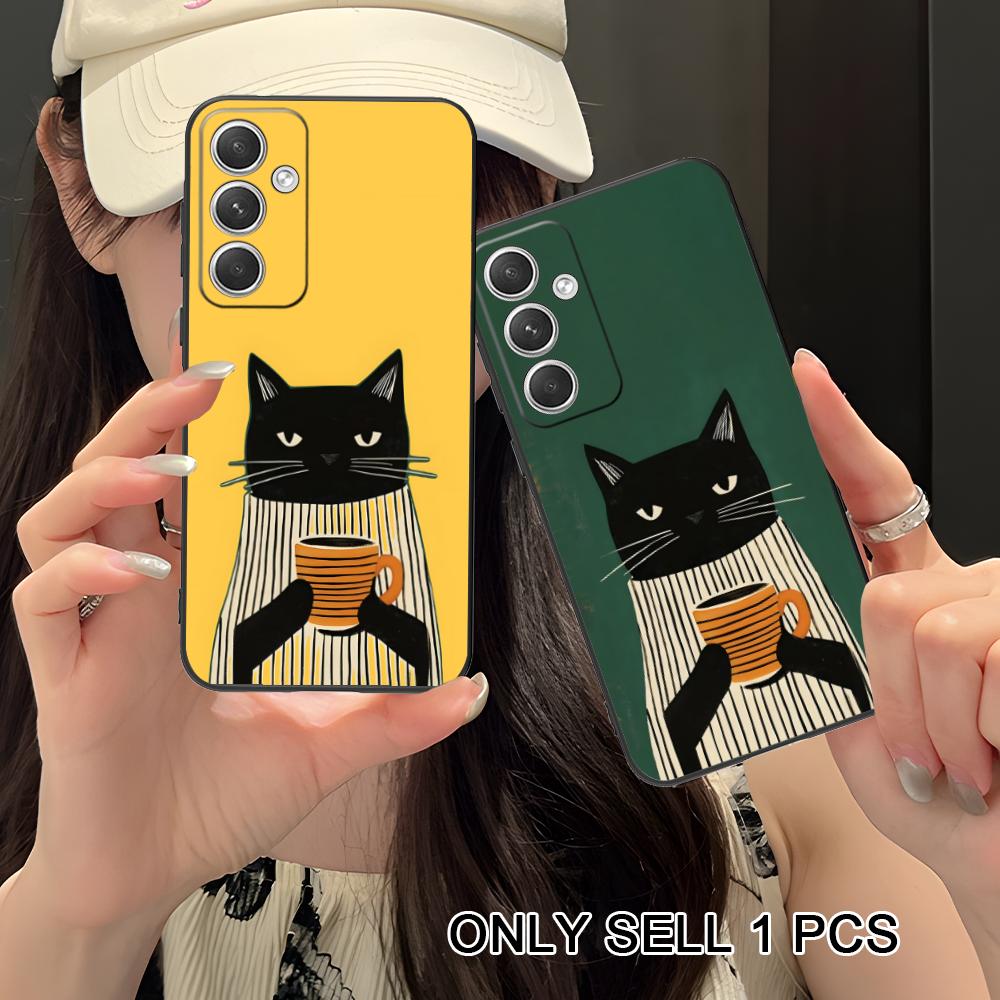 Cute Coffee Cat Matte TPU Mobile Phone Case for Samsung Galaxy S26 S25 S24 S23 S22 S21 S20 Note20 Plus FE Ultra Colorful Cover