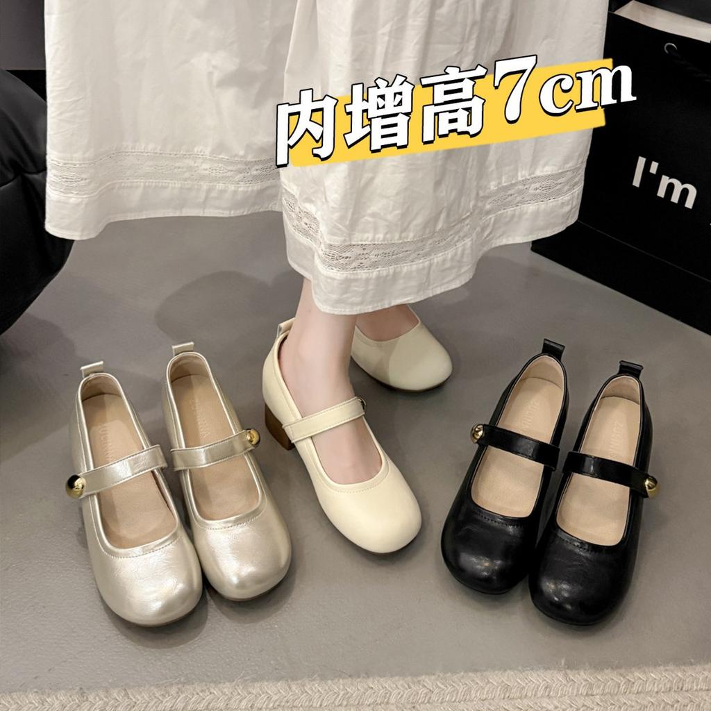 French inner height increase thick heel shallow mouth single shoes women's 2025 new summer and autumn Mary Jane small leather shoes ballet evenin