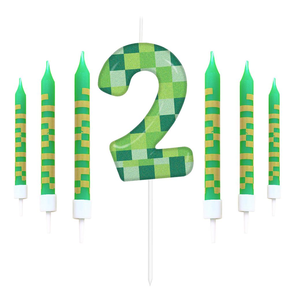 7pcs Green My World Candle Birthday Party Pixel Theme Birthday Party Video Game Party Decoration  0-9 Cake Top Digital Candles