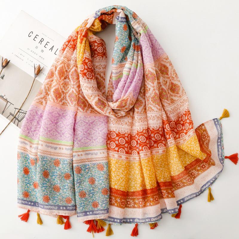 Japanese-Style Cotton & Linen Bohemian Scarf - Cashew Print and Silk Blend, Retro Artistic Design, Sunscreen Towel