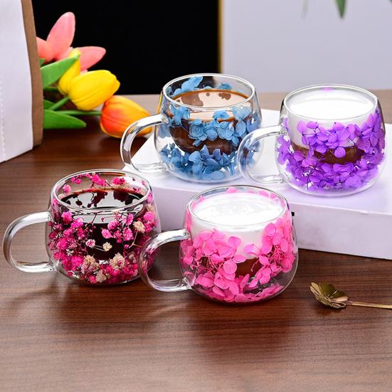Pahar cu Perete Dublu din Sticlă Borosilicată Căni Izolate 4 Căni de Cafea Înalte Set cu Petală Colorată