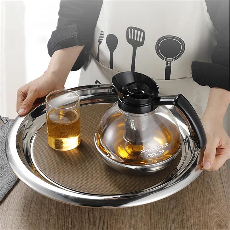 Thickened Round Fruit Plate Dining Plate Equipped with Anti Slip Pad Tray Tea Tray Service Disk Thickened Stainless Steel Plate