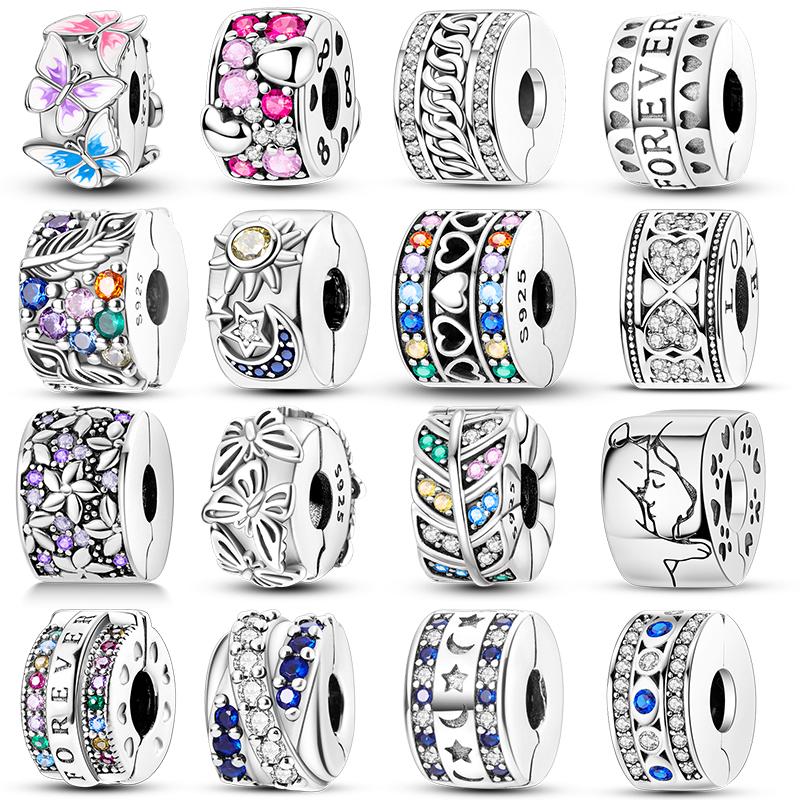 Cat Butterfly Daisy CZ Pave Clip Charm Bead Components Positioning Buckle Copper Metal Silicone Spacer Bead Components Compatible With Authentic