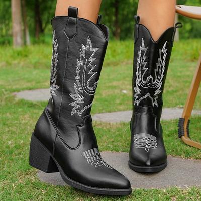 Damen Mid-Calf Stiefel Europäisch Amerikanischer Stil Bestickt Spitz Lederstiefel Klassische Western Cowboy Stiefel Damen Ritterstiefel