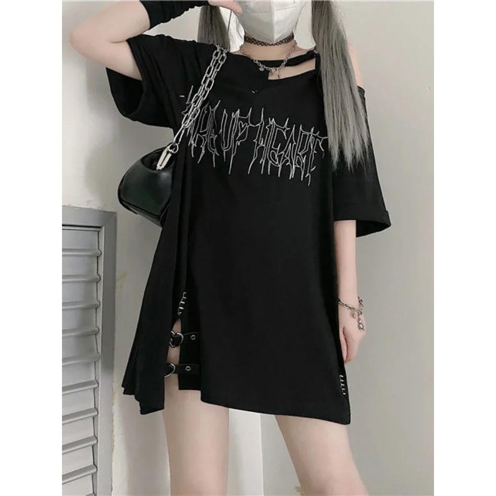 Girl Letter Print Off Shoulder Punk T-shirts Women Casual Street Black Gothic T Shirt Harajuku Streetwear Aesthetic