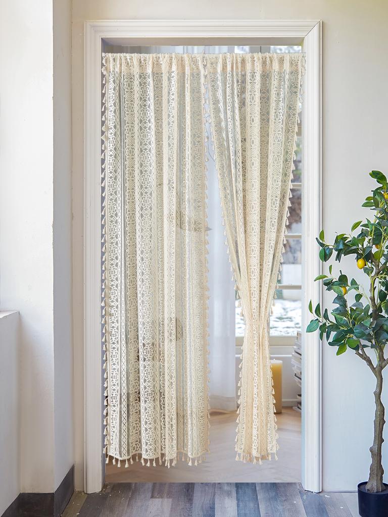 1PC Beige Lace Small Square with Tassel Curtains, Living Room Bedroom Door Curtains, Windows, Holiday Party Decorations