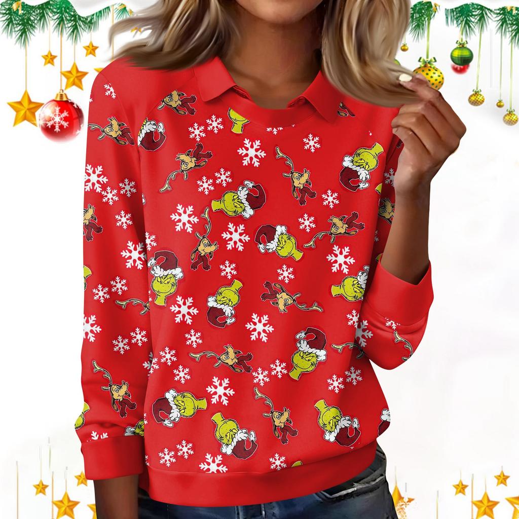 Women's Fashion Christmas Print Lapel Long Sleeve Casual Crewneck T-Shirt Top
