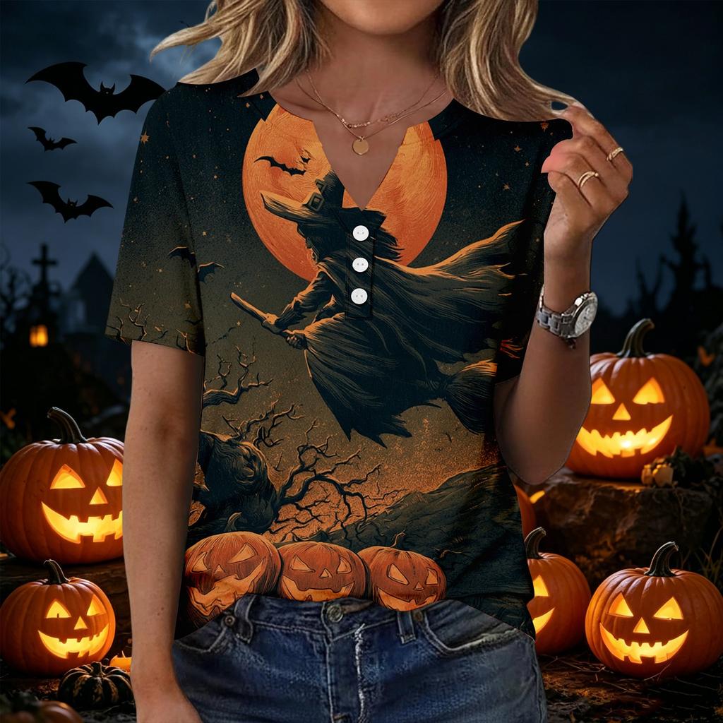 Womens Halloween Print V Neck Short Sleeve Button T Shirt Casual Fashion Top Lightweight Comfortable Fit