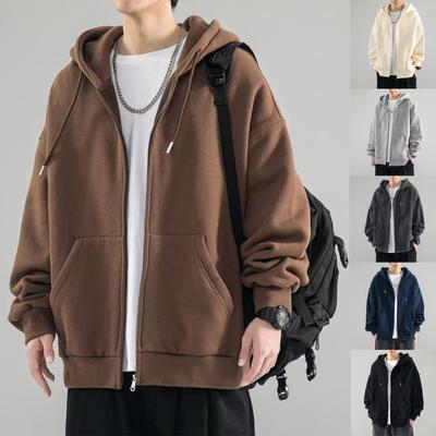 Autumn And Winter Men's Solid Color Cardigan Sweater Loose Large Hooded Sweater