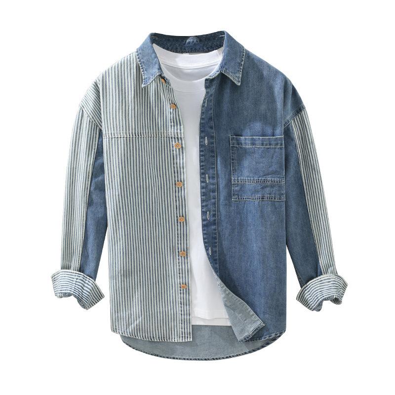 Men'S Denim Color-Block Vertical Stripe Shirt Casual Loose Fit Fashionable Long Sleeve For Spring And Autumn